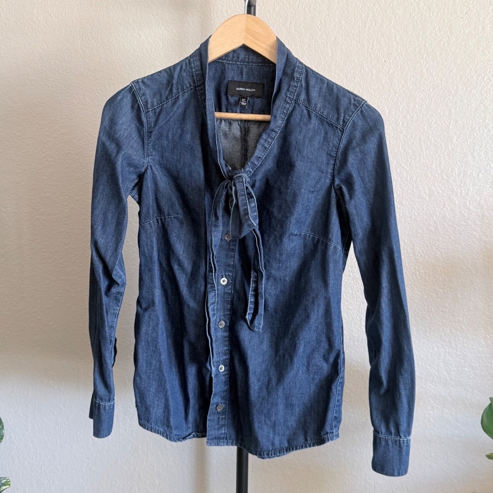 Karen Millen Womens Indigo Silk Blend Tie Neck Denim Blouse Size UK 8 US 4